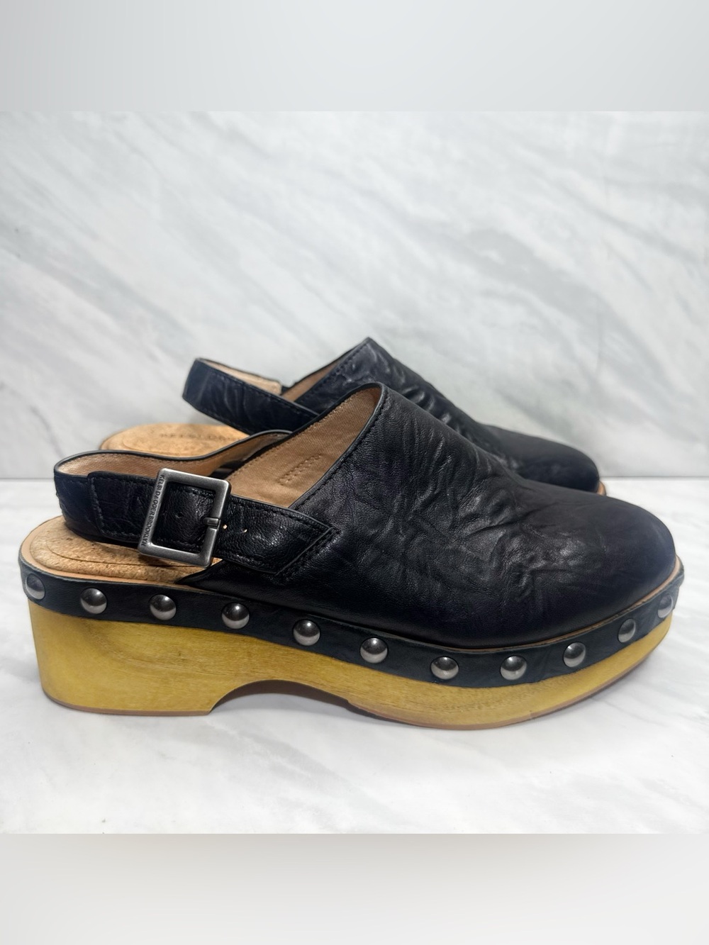 Kelsi Dagger Black Leather Studded Clog Mules with Wood Platform